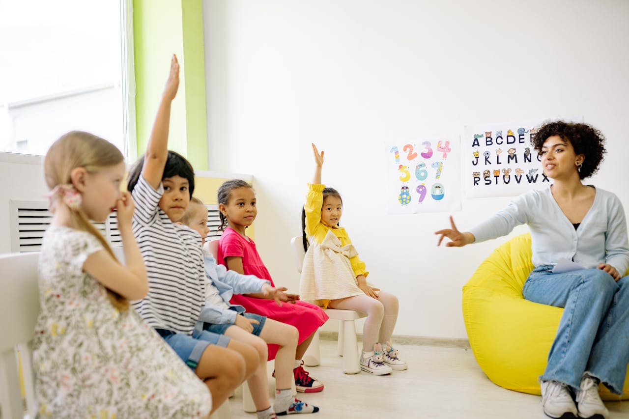 Mastering the First Impression: Your intriguing post title goes here Children raising hands in classroom with a teacher, learning and engaging.